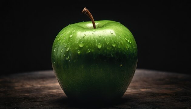  a green apple sitting on top of a table with water droplets on the top of the apple and the bottom half of the apple with a brown stem sticking out.