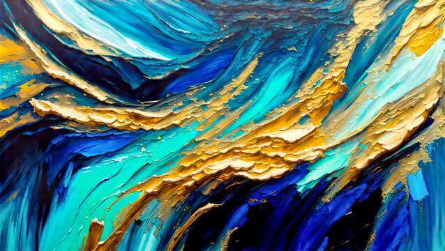 Closeup of abstract rough blue and gold color multi colored art painting texture, with oil brushstroke. Generative ai