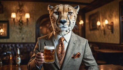  a man in a suit with a cheetah mask holding a pint of beer in front of a bar with a cheetah standing cheetah. - obrazy, fototapety, plakaty