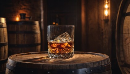  a glass of whiskey sitting on top of a wooden barrel next to a barrell of wine and a barrell of wine casks with a light behind it.