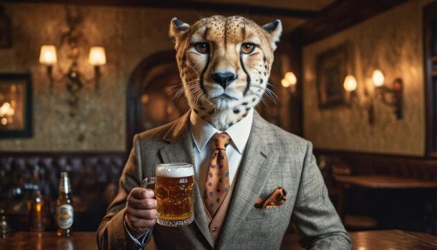  a man in a suit with a cheetah mask holding a pint of beer in front of a bar with a cheetah standing cheetah.