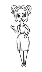 Coloring page girls doll line art. Woman in evening dress. Hand drawn illustration.