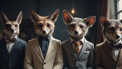  a group of three men in suits and ties with three foxes in the middle one wearing a bow tie and the other wearing a suit with a jacket and bow tie. - obrazy, fototapety, plakaty