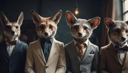  a group of three men in suits and ties with three foxes in the middle one wearing a bow tie and the other wearing a suit with a jacket and bow tie.