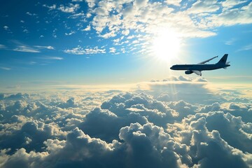 Airplane flying in the blue sky above the clouds