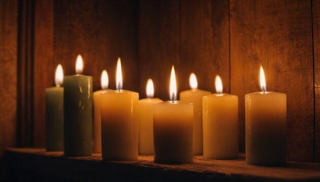  a row of lit candles sitting on top of a wooden shelf next to a wooden paneled wall in front of a wooden paneled wall with a wooden paneling.