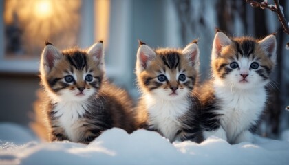  three kittens are sitting in the snow looking at the camera and one is looking at the camera and the other one is looking at the camera with blue eyes. - obrazy, fototapety, plakaty