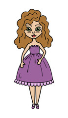 Cartoon woman hand drawn flat illustration. Cute girl in evening dress.