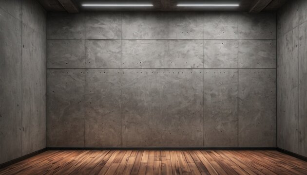  an empty room with a wooden floor and a concrete wall with a spot light in the middle of the room and a wooden floor in the middle of the room.