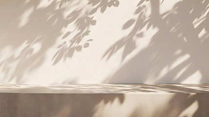  smooth beige stucco wall with soft foliage dappled light of tropical tree leaf shadow , mock up for display product
