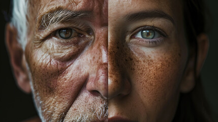 Young and Old - A dramatic close-up portrait of a person with their face divided into a young and elderly half Gen AI - obrazy, fototapety, plakaty