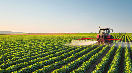 A tractor sprays pesticides and fertilizer on a soybean field, a vital step in ensuring a healthy crop. ai generated.