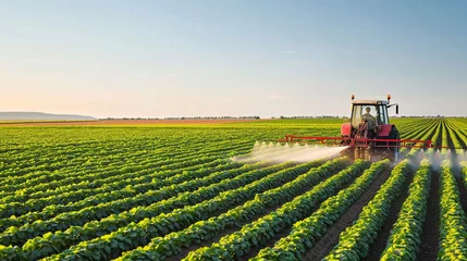 Tuinposter Weide A tractor sprays pesticides and fertilizer on a soybean field, a vital step in ensuring a healthy crop. ai generated.