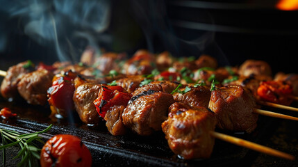 Grilled meat skewers, a smoky symphony of flavors, stand out against a black background. ai...