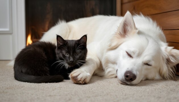  A White Dog And A Black Cat Laying Next To Each Other On The Floor In Front Of A Fireplace With A Lit Fire Place In The Corner Of The Room.