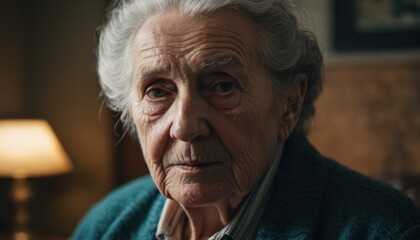  a close up of a person sitting in a room with a lamp on the side of the room and a lamp on the other side of the room and a lamp on the wall.