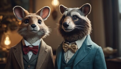  a close up of two stuffed animals wearing suits and bow ties in front of a window with lights in the background and a chandelier in the foreground.