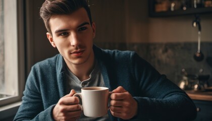 a man sitting at a table with a cup of coffee in his hand and a spoon in his other hand, in front of him is a window and a sink.