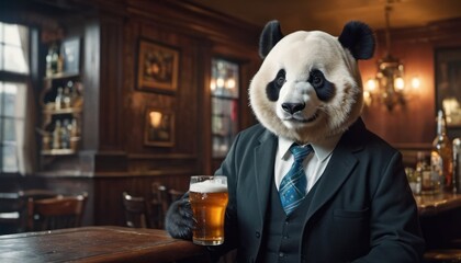  a panda bear wearing a suit and tie holding a beer in front of a bar with a panda bear mask on it's head and a man in a suit.