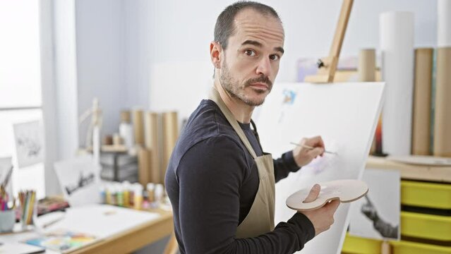 A bearded, bald man in an apron paints on a canvas in a bright art studio.