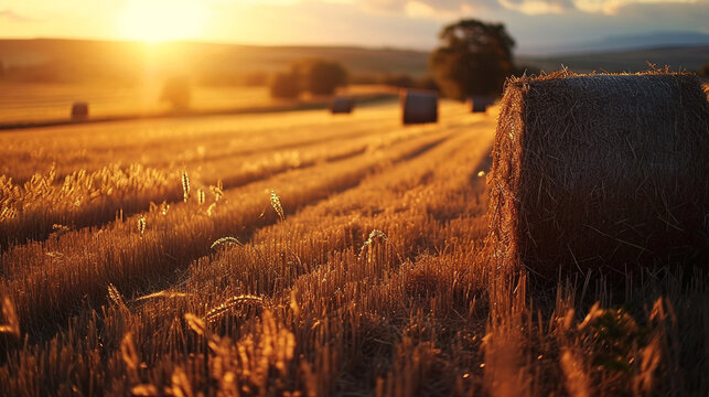 The golden glow of the sunset illuminates a field of freshly baled hay, creating a scene of breathtaking beauty. ai generated. © 1st footage