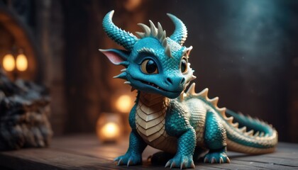  a blue dragon figurine sitting on top of a wooden table next to a lit up candle lit up in the background with lights on the wall behind it. - obrazy, fototapety, plakaty