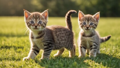  a couple of small kittens standing on top of a lush green grass covered field with a forest in the backgroung of the picture and a blurry background.