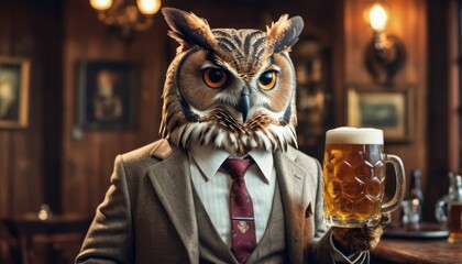  a man in a suit and tie holding a mug of beer with an owl's head on top of the mug in front of the man's face.