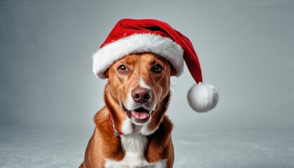 a brown and white dog wearing a red and white santa hat with a white pom - pom on top of it's head and a gray background.