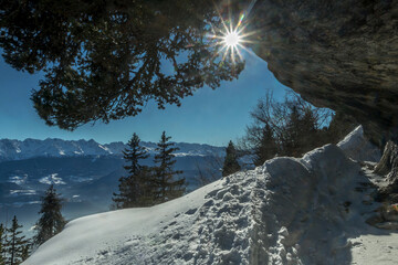 Randonnée raquettes à la Croix de l' Alpe en hiver  , Massif de la Chartreuse , Savoie , Alpes
