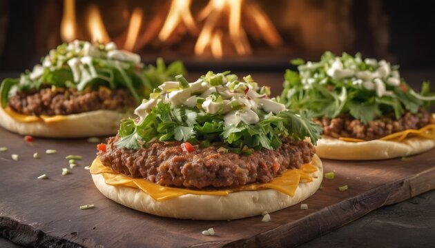  a wooden cutting board topped with two hamburgers covered in lettuce, cheese, and other toppings on top of a fire place next to a fireplace.