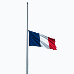 France and the French in mourning as the blue white and red flag at Half mast on the flagpole or staff day as an icon of honor respect and national rememberance following a death.