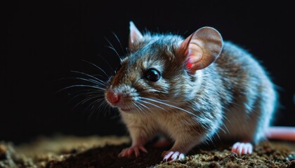  a brown rat sitting on top of a pile of dirt on top of a wooden floor next to a red rat on top of a pile of dirt with a black background.