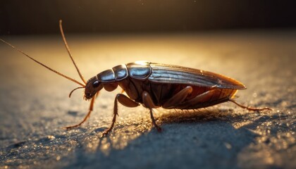  a close up of a bug on the ground with a light shining on it's back end and back end of the body of the bug, it's head.