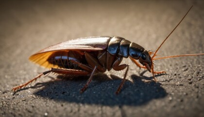  a close up of a cockroach on the ground with it's head turned to the side and it's head turned slightly to the camera lens.