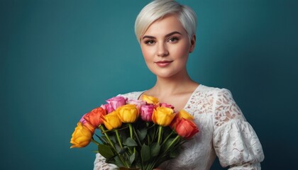  a woman in a white dress holding a bouquet of colorful tulips in front of a teal blue background with a woman's face in the background.