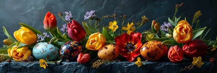 Obraz na płótnie Canvas Easter Colorful Eggs Tulip Flowers Holiday, Banner Image For Website, Background, Desktop Wallpaper