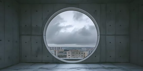 Fotobehang A gray room with a large circular window, overlooking a cloudy, overcast day with gray clouds and concrete buildings. © CreativeBB