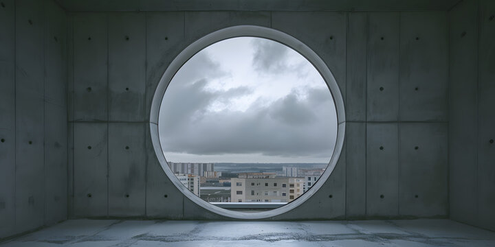 A gray room with a large circular window, overlooking a cloudy, overcast day with gray clouds and concrete buildings.