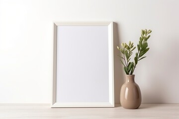 White frame mockup with green plant in beige vase on a floor. Frame with copy space. Minimalistic interior design with empty frame