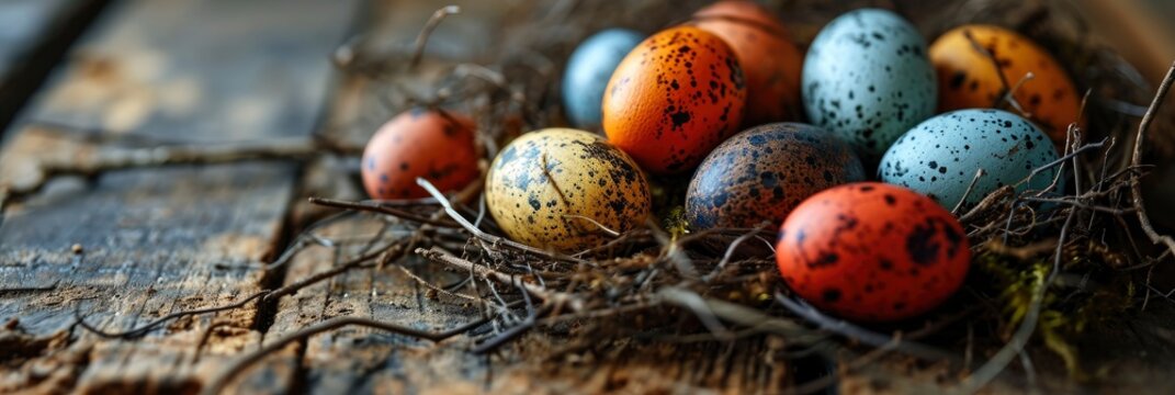 Easter Eggs Nest On Wooden Background, Banner Image For Website, Background, Desktop Wallpaper