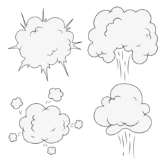 Poster Comics Explosion Clouds, Boom and Rocket Launch Icons Set. Isolated On White Background. © Denu Studios