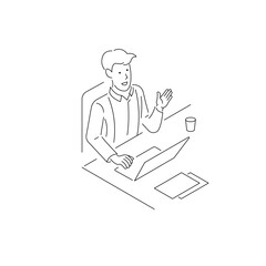 A man is sitting and explaining work at a meeting.