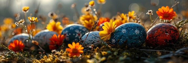 Obraz na płótnie Canvas Easter Wallpaper Spring Flowers Eggs, Banner Image For Website, Background, Desktop Wallpaper