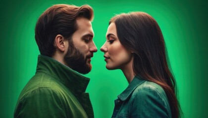  a man and a woman are facing each other in front of a green background, with the woman's face to the side of the man's head.