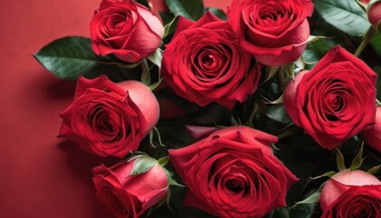  a bunch of red roses sitting on top of a red table next to a green leafy plant on top of a red surface with a red wall in the background.