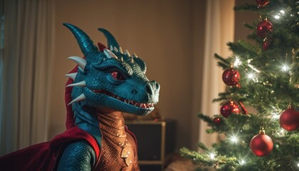  a close up of a toy dragon next to a christmas tree with a christmas tree in the background and a christmas tree in the foreground with a red ornament.