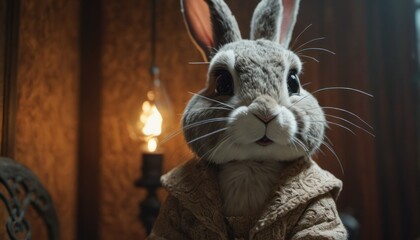  a close up of a stuffed rabbit in a room with a lamp in the back ground and a wall light in the front of the room in the back ground.