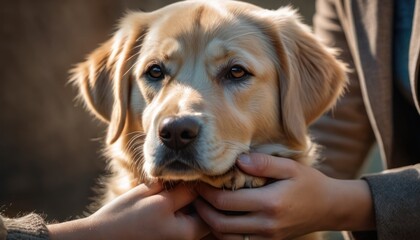  a close up of a person petting a dog's face with a person's hand holding the dog's paw up to the dog's face.