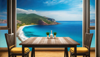 Fototapeta premium Wooden table and chairs with sea view. 